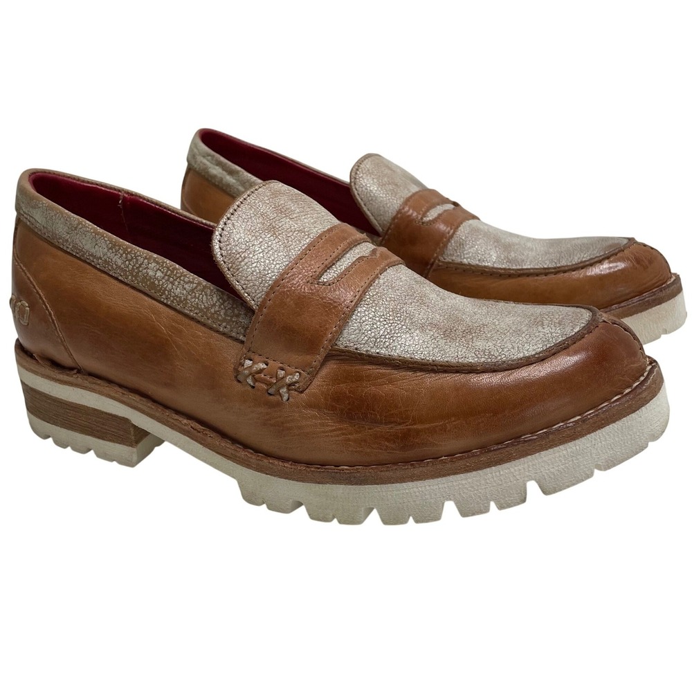 Bed Stu Cobbler Tan Silver Crackle Leather Lug Sole Penny Loafers Womens 9 Prep